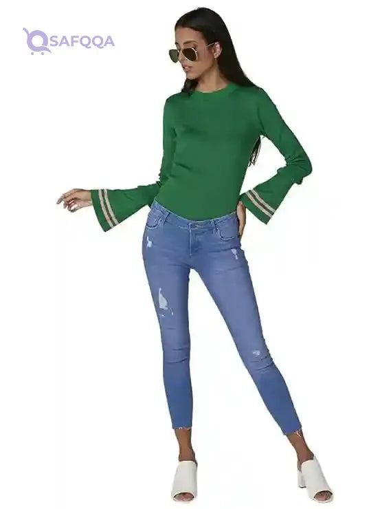 2Xtremz Women's Ribbed Round Neck Long Bell Sleeves T-Shirt – Stylish and Comfortable - Safqqa Egypt