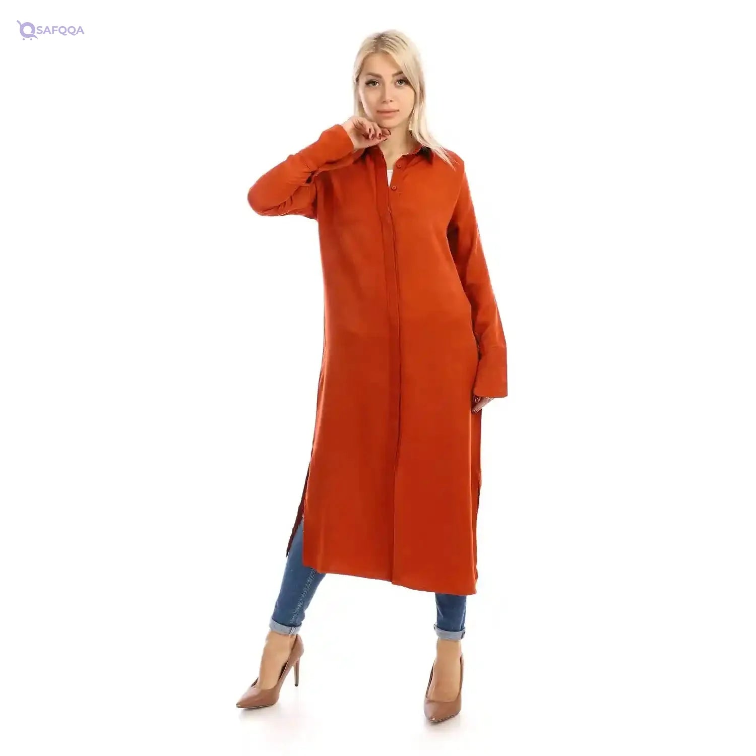 Jamila Women long sleeves soft satin buttoned shirt dress - Safqqa Egypt