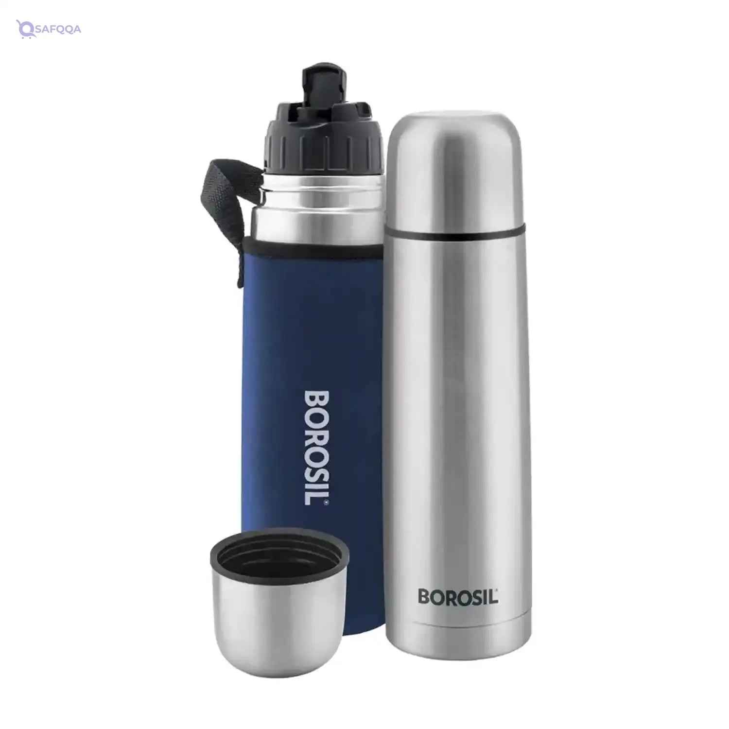 Borosil Stainless Steel Thermo Double Wall Copper Coated Inner Vacuum Insulated Flask with Blue Jacket |Water Bottle|Thermos|Sports Bottle|Yoga Bottle|Outdoor|Reusable Leak Proof 1000 ml - Safqqa