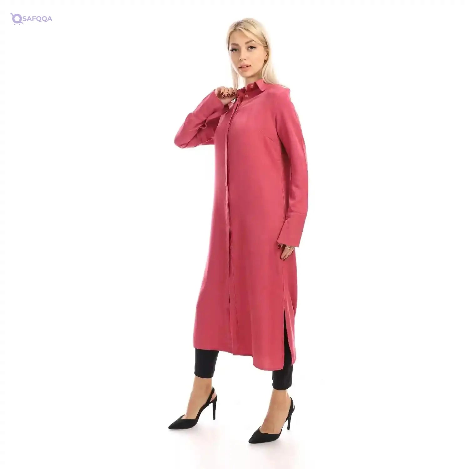 Jamila Women long sleeves soft satin buttoned shirt dress - Safqqa Egypt
