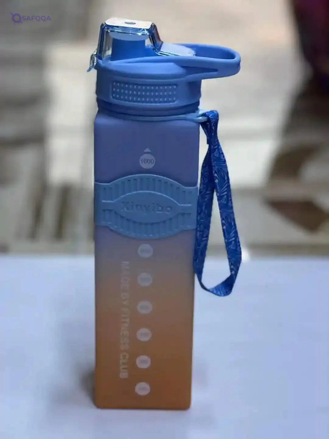 [1000 ml ] Square Water Bottle Fitness Gym Water Bottle, Water Bottle with Straw and Shoulder Strap for School Cute Belly Bottle for Camping Travel with Sticker. (Orange + Purple) - Safqqa