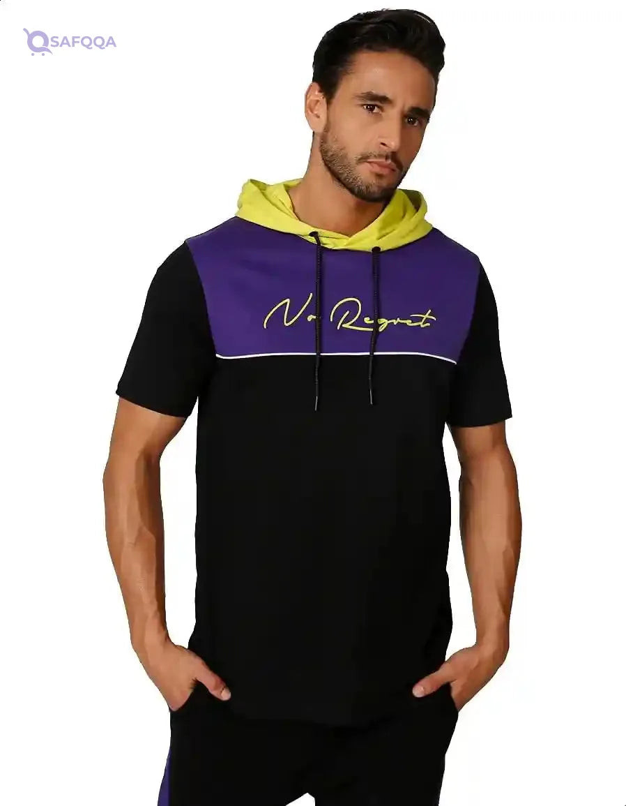 Splash Two-Tone Front Print Short Sleeves Contrast Hooded Sweatshirt for Men - Safqqa Egypt