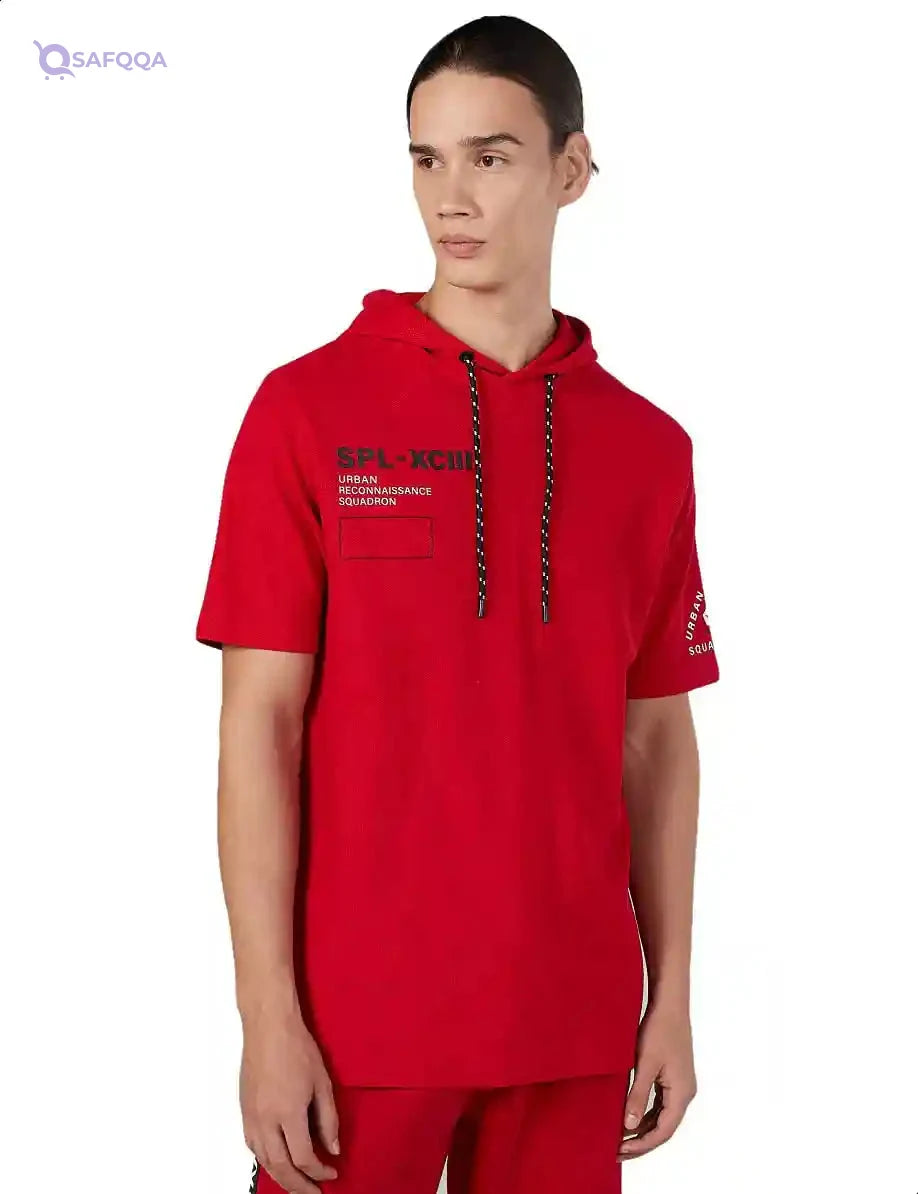 Splash Cotton Letter Print Regular-Fit Hooded T-shirt for Men - Safqqa Egypt