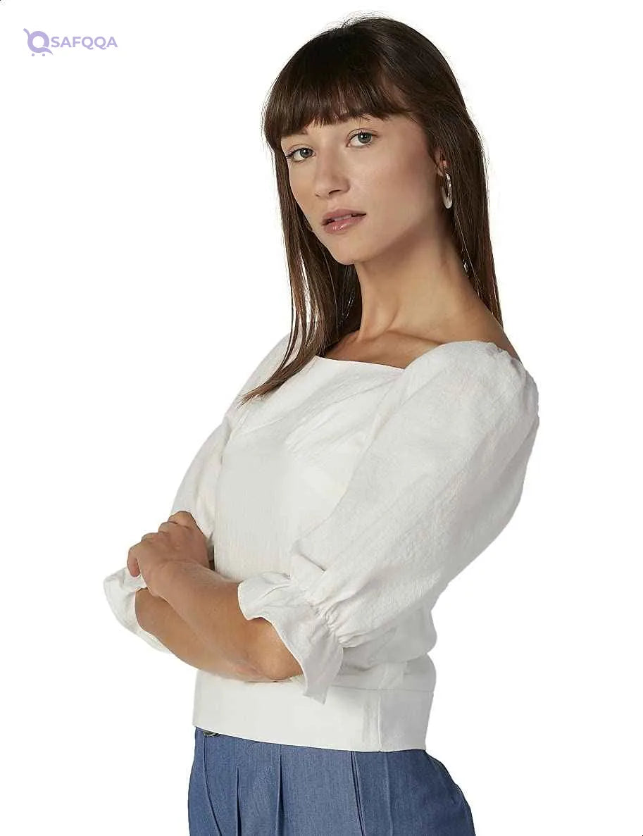 Basic Square Neck Three Quarter Puff Sleeves Blouse for Women - White, - Safqqa Egypt