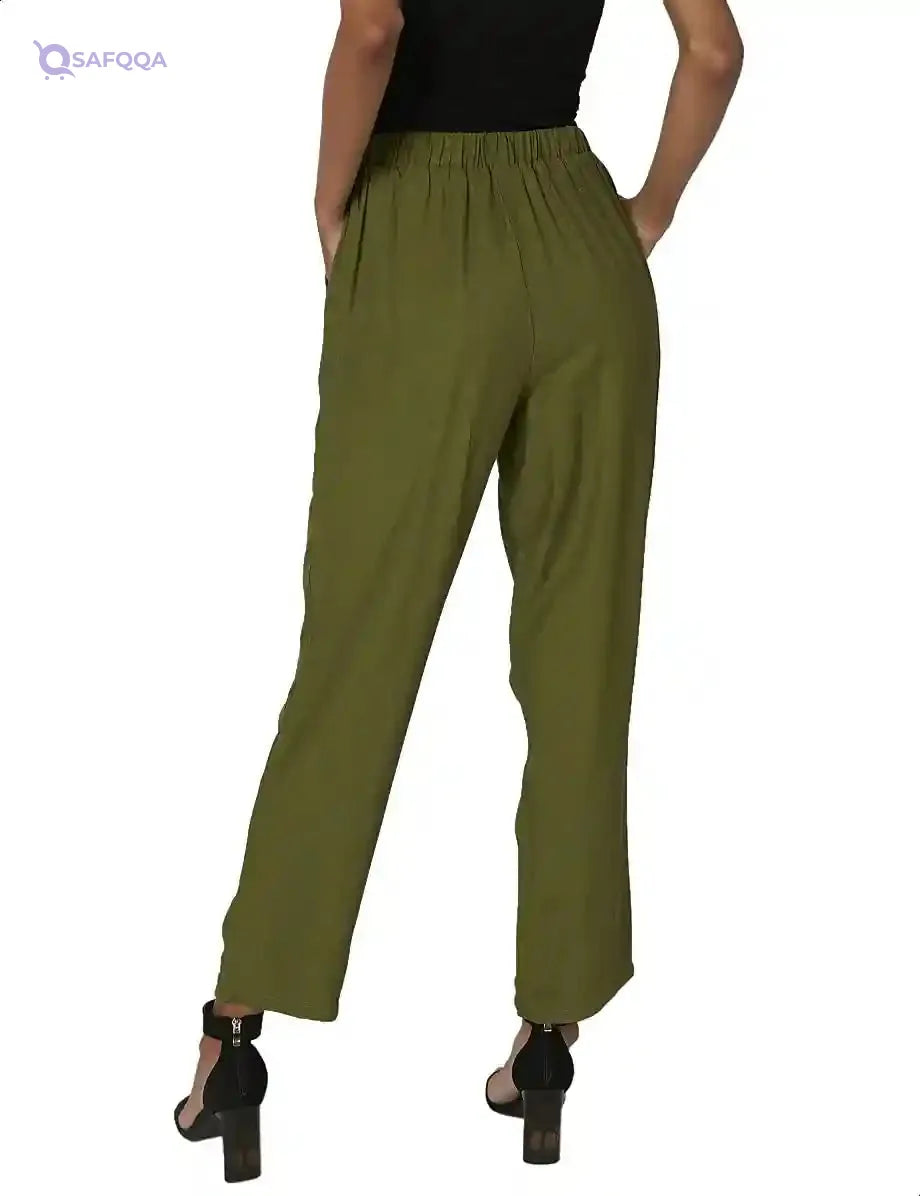 High Elastic Waist Straight-Fit Pants for Women - Olive, XL - Safqqa Egypt