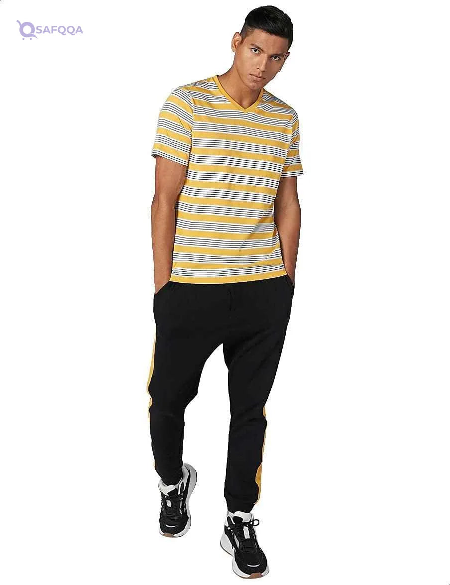 Splash Striped Short SLeeves V Neck T-shirt for men - Yellow & White, S - Safqqa Egypt