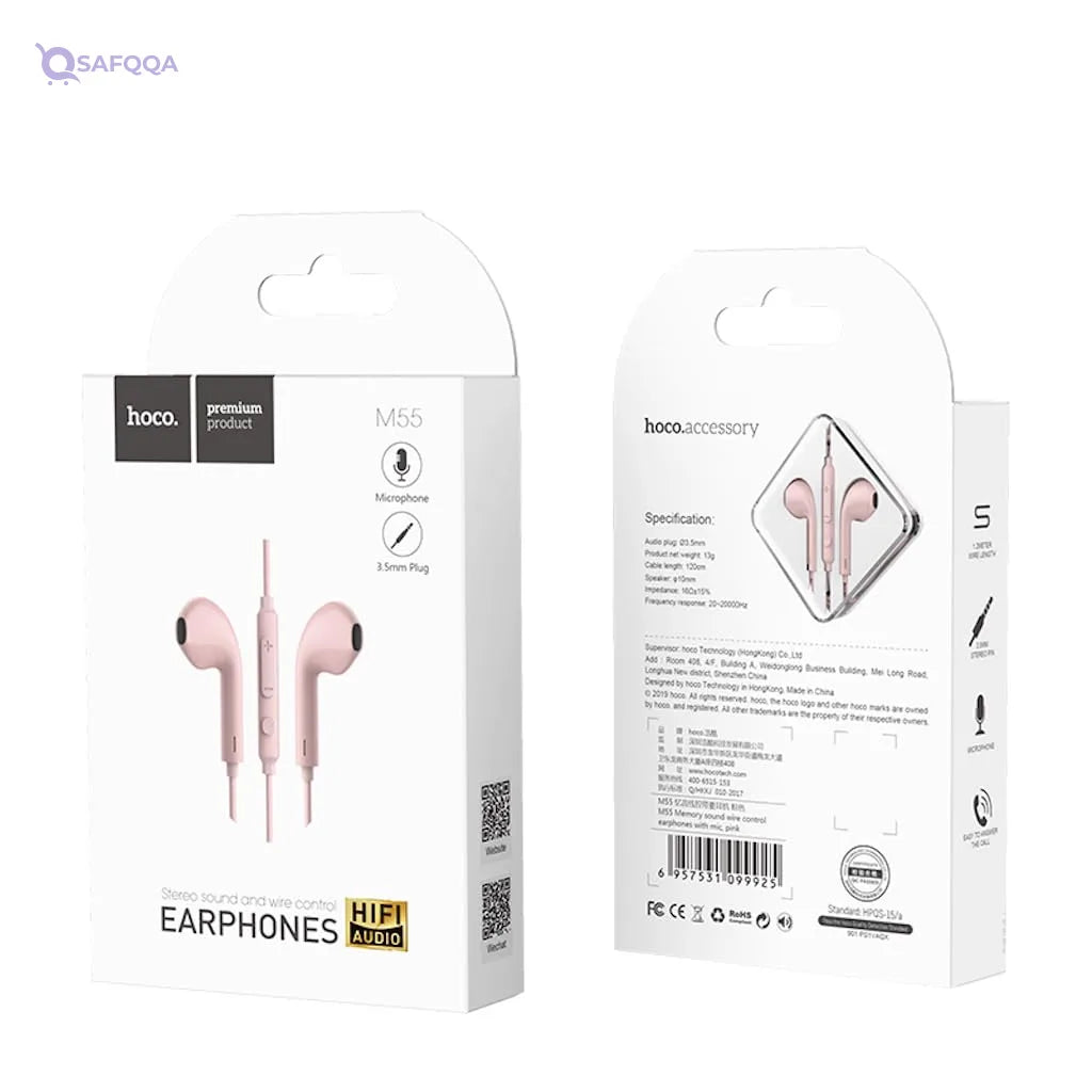 HOCO M55 Memory sound wire control earphones with mic,• Wire controls for easy music and call management - Safqqa