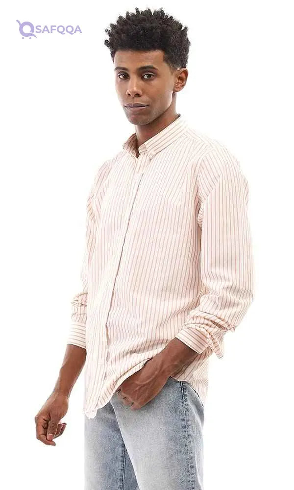 Ravin mens Ravin 95001 Bi-Tone Candy Stripes Elegant Shirt - White & Light Orange Shirt - Safqqa Egypt