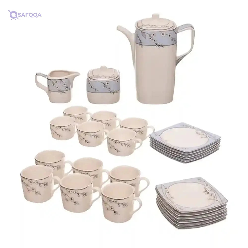 Rosa FM Bloom T.Shape Porcelain Tea And Coffee Cup Set, 29 Pieces (Pot with lid + 6 tea cups + 6 cup plates + sugar bowl with lid + milk jug + 6 coffee cups + 6 coffee cup plates) - Safqqa Egypt