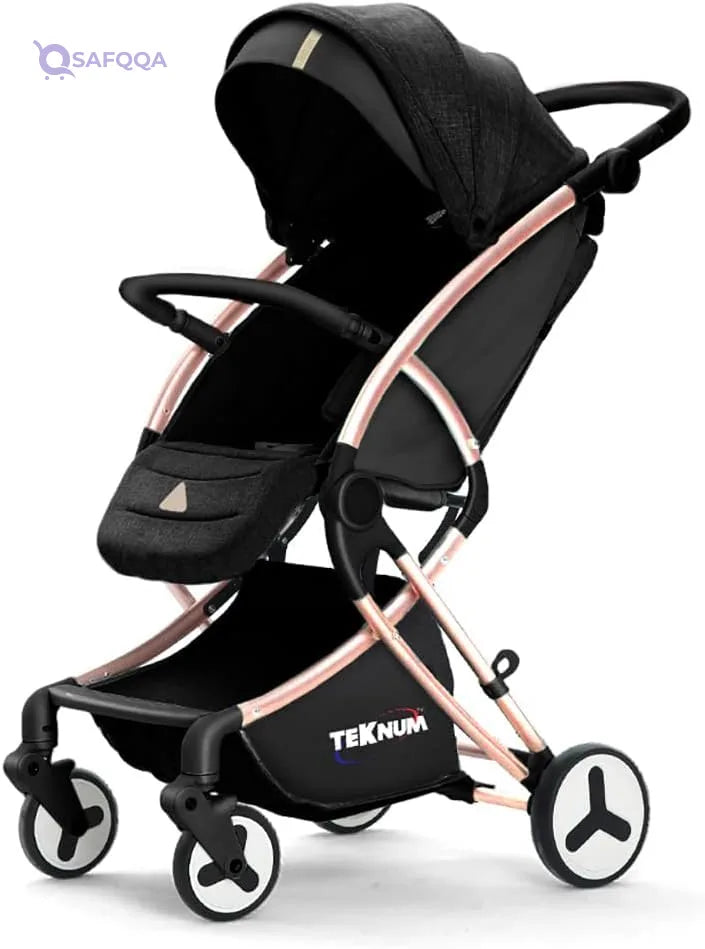 TEKNUM Feather Lite Traveller A1 Lightweight Stroller Air TravelFive Point Safety Harness Removable Cannopy 360 Degree Swivel Wheels  One Touch Brake Newborn Baby 0 -4Years -Black - Safqqa
