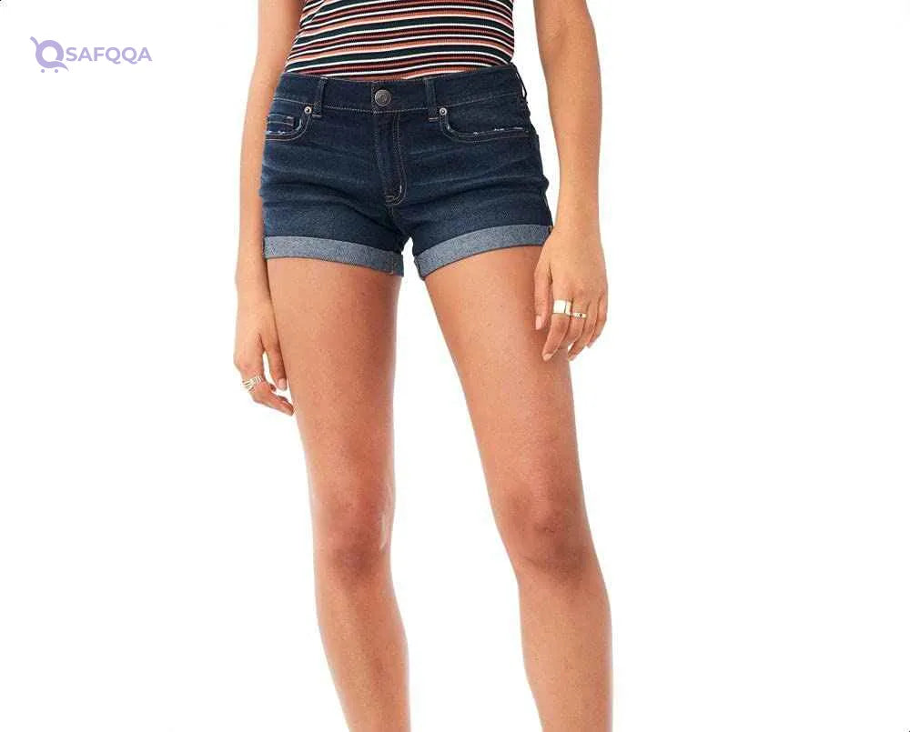AeroPostale Rolled-Hem Dark-Wash Mid-Rise Ripped-Pockets Whiskered Denim Shorts for Women - Safqqa
