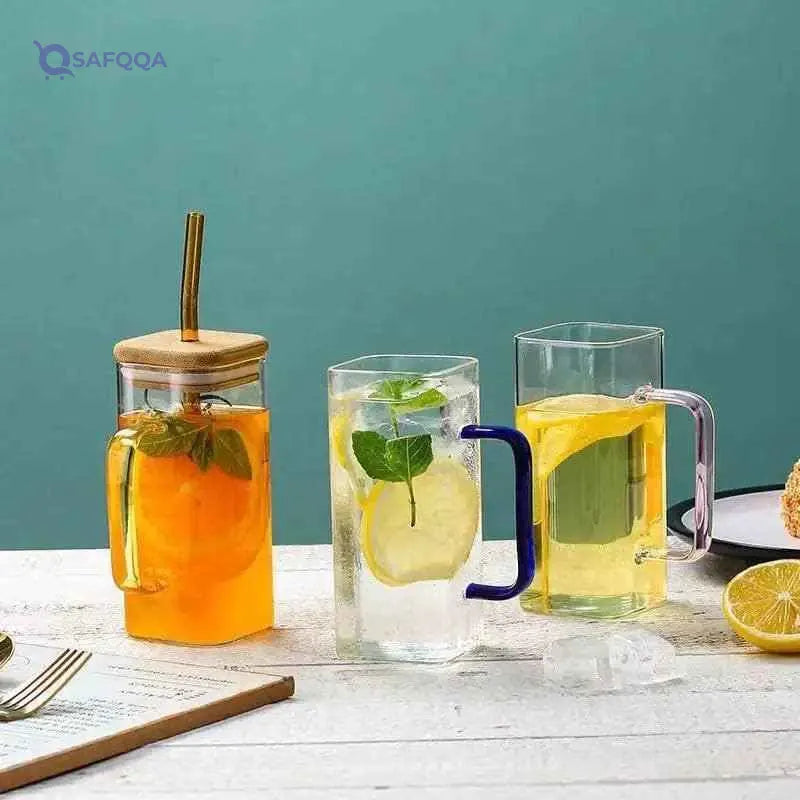 PRIME SHOP Square Glass Tumbler with Handle and Wooden Lid - Versatile Airtight Premium Product for Exceptional Drinking Experience (Pack Of 1 ) - Safqqa