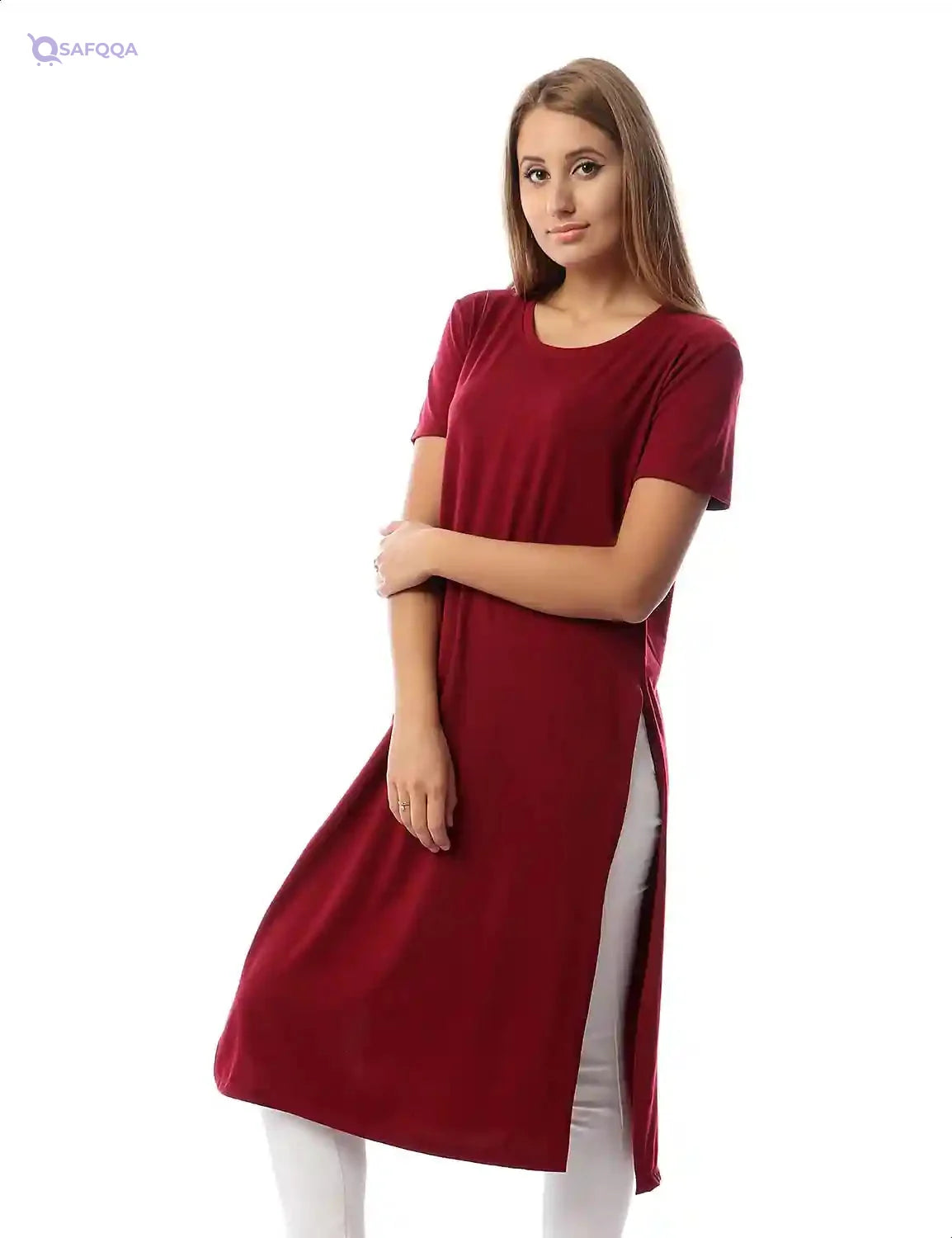 Jamila Women Plain Side Slits Short Sleeves Round Neck Longline Top - Safqqa Egypt