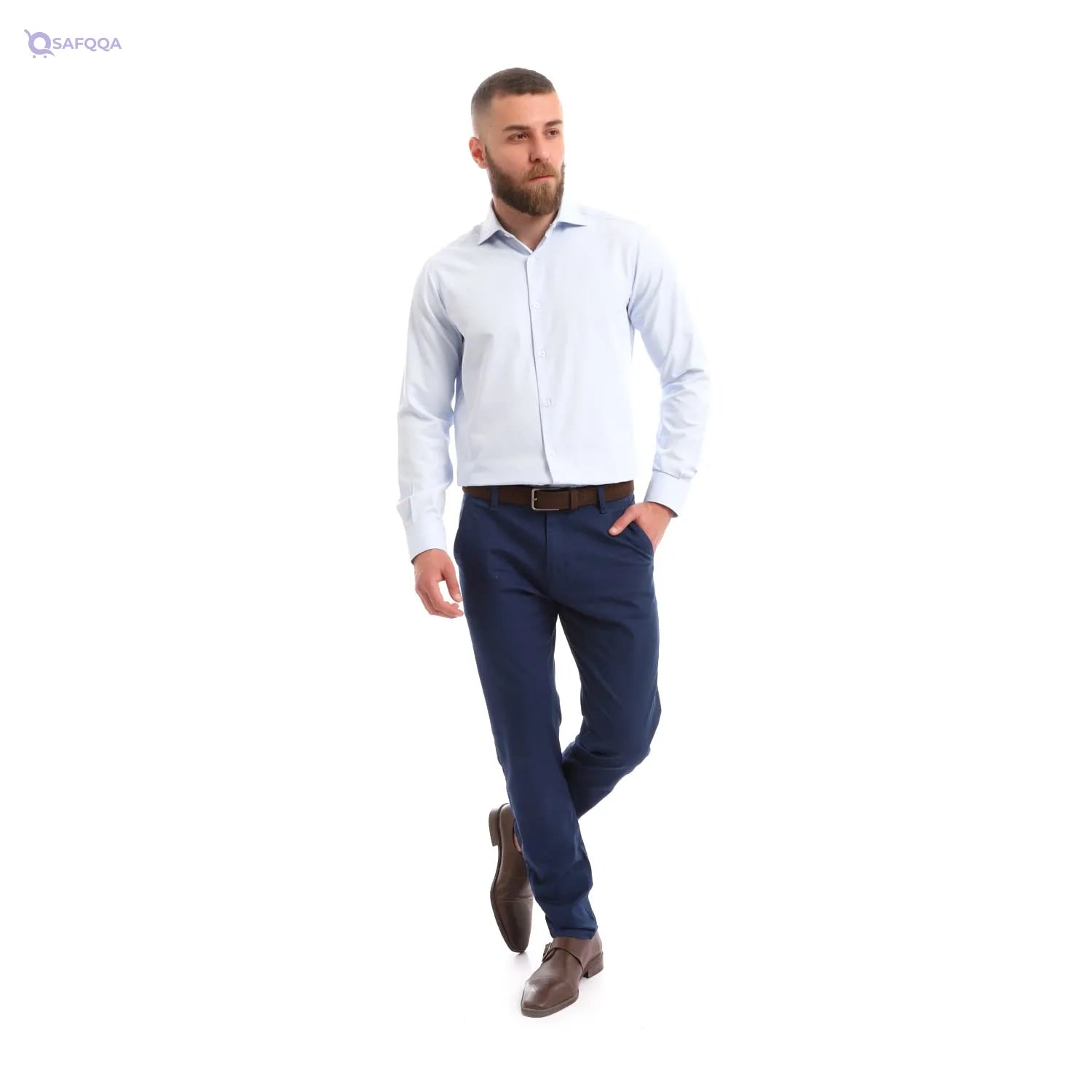 Esla Classic Long Sleeves Slub Shirt - Pastel Bluecotton 58% polyester 42% Cami Shirt For Men, - Safqqa
