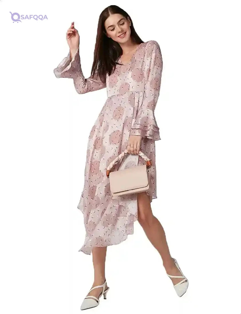 Elle Women’s Patterned V-Neck Long Sleeve Dress with Asymmetrical Hem - Safqqa