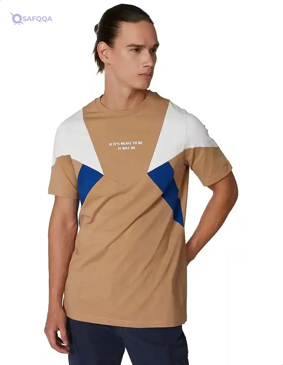Splash Cotton Letter Print Contrast Panels Regular-Fit T-shirt for Men S - Safqqa Egypt