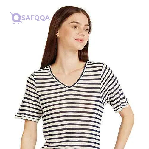 Splash Striped V-Neck Short Sleeves T-Shirt for Women - Safqqa Egypt