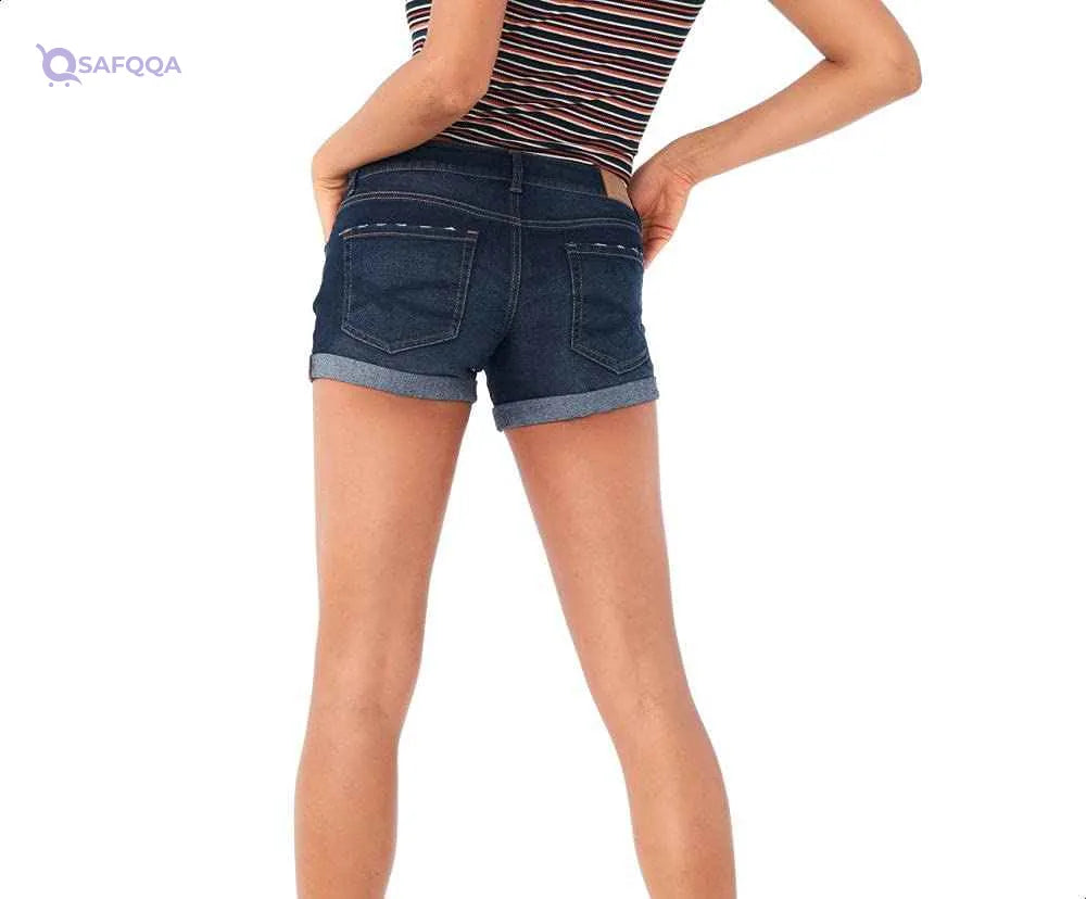 AeroPostale Rolled-Hem Dark-Wash Mid-Rise Ripped-Pockets Whiskered Denim Shorts for Women - Safqqa