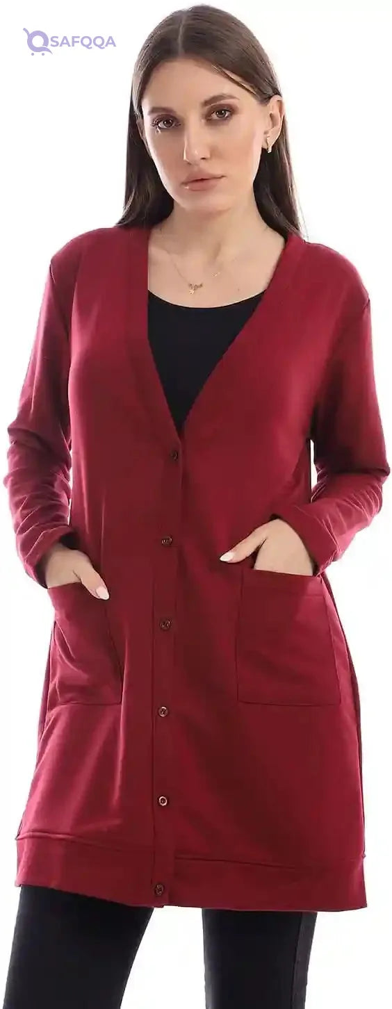 JAMILA Women long sleeves soft cardigan with buttons long length SWEATER - Safqqa