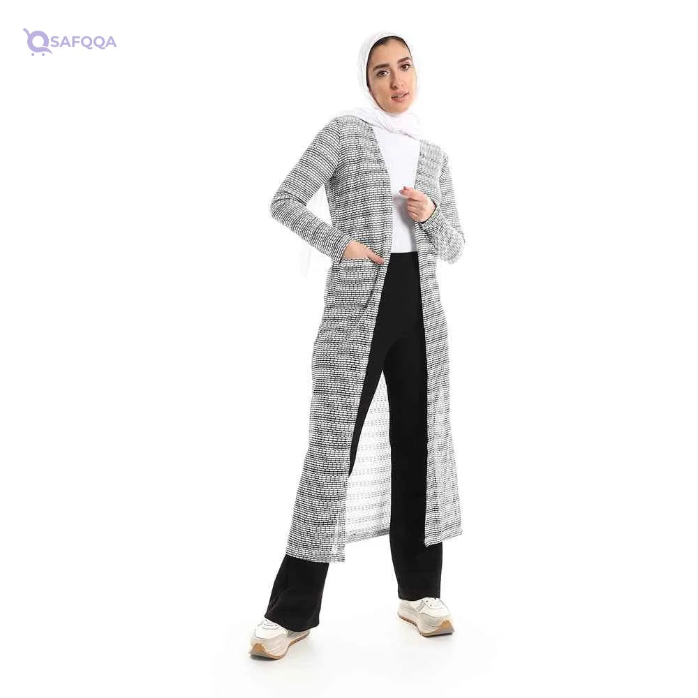JAMILA Side Pockets Open Neckline Long Cardigan For Women,Ideal for casual wear, office looks, or cooler evenings.. - Safqqa