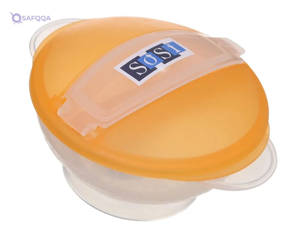 Plastic Food Set With Lid For Kids ,2 Pieces ,Plate+Spoon, Orange - Safqqa