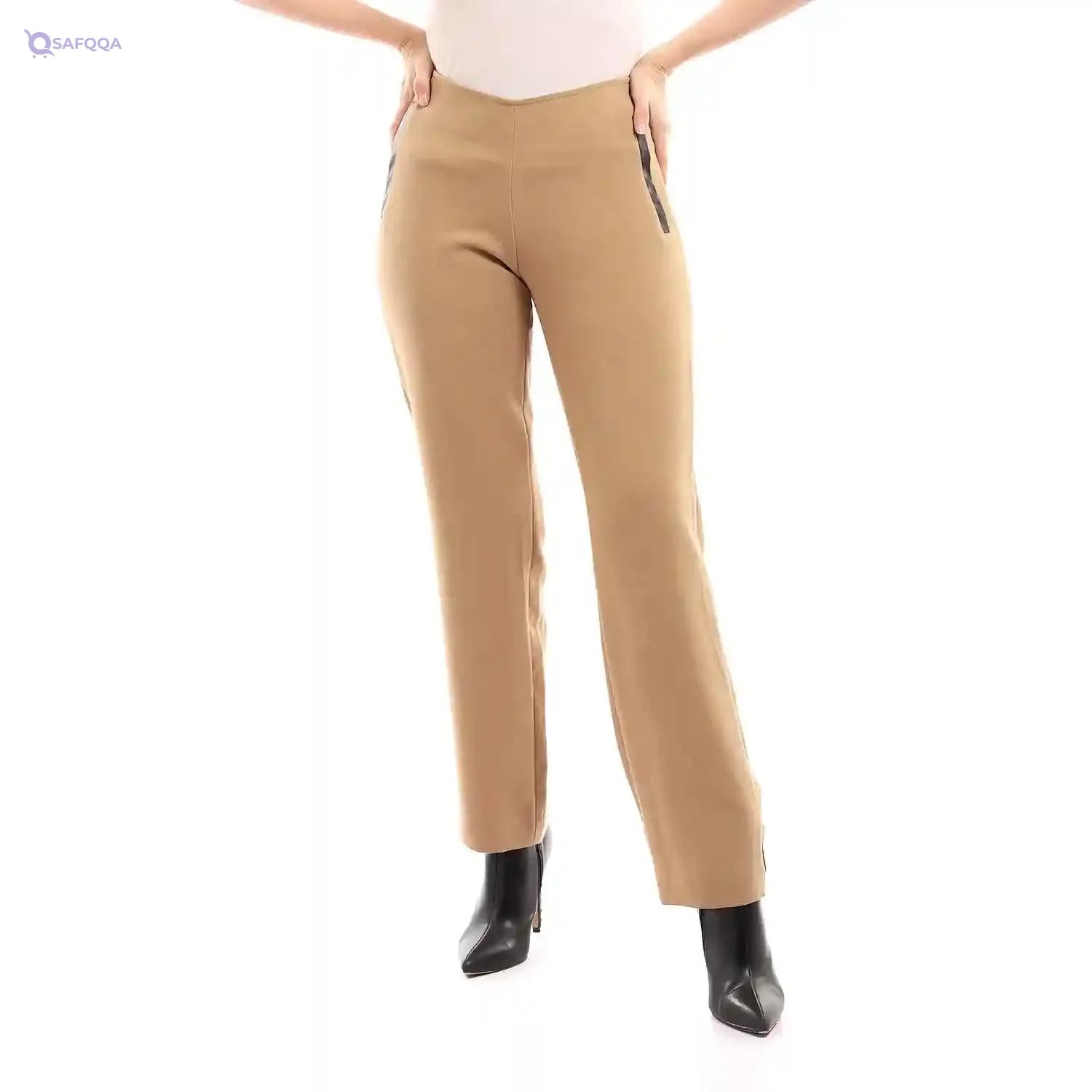 esla_Front Decorative Leather Pants_Dark Beige_size 6 - Safqqa Egypt
