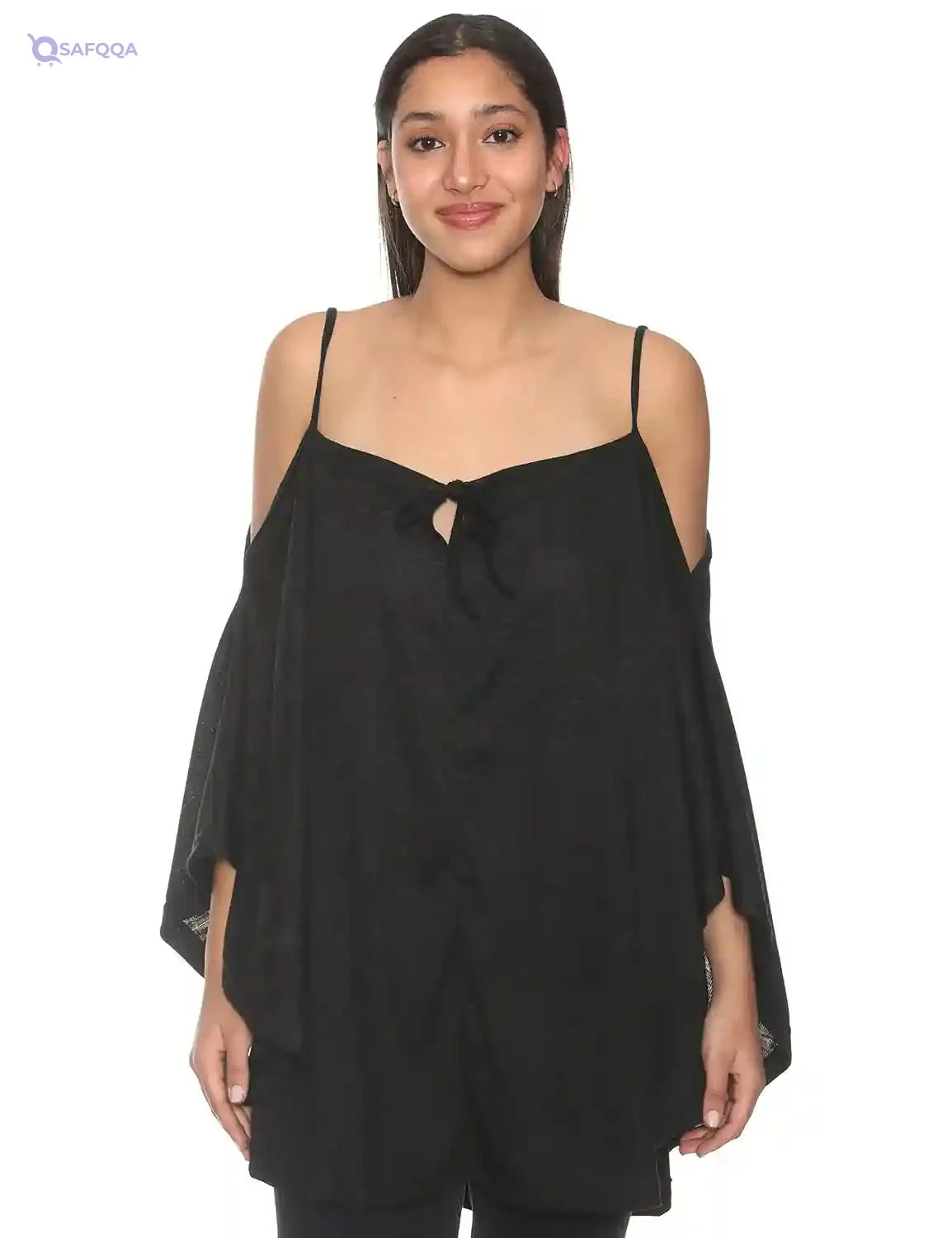 Jamila Women Plain Front Tie Spaghetti Straps Cold Shoulders Loose Blouse - Safqqa Egypt