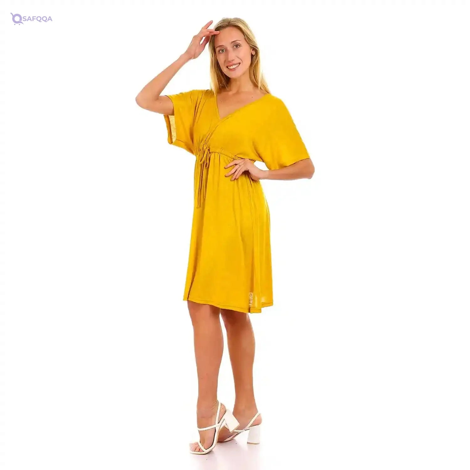 JAMILA Women Deep V neck Dress With Waist Drawstring DRESS - Safqqa Egypt