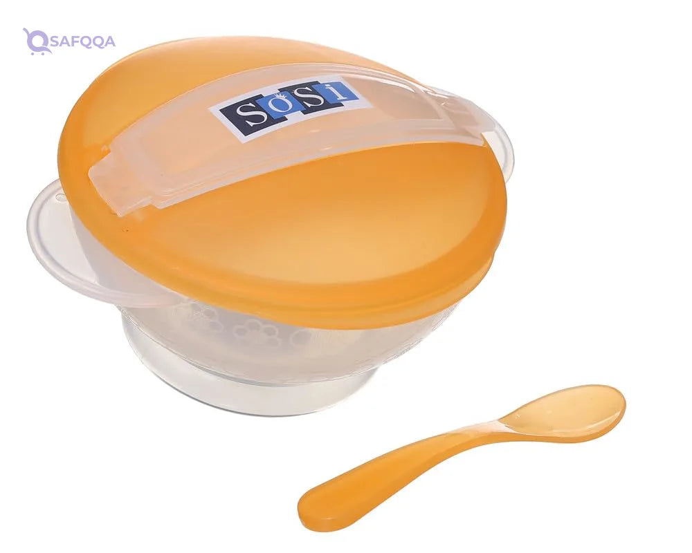 Plastic Food Set With Lid For Kids ,2 Pieces ,Plate+Spoon, Orange - Safqqa