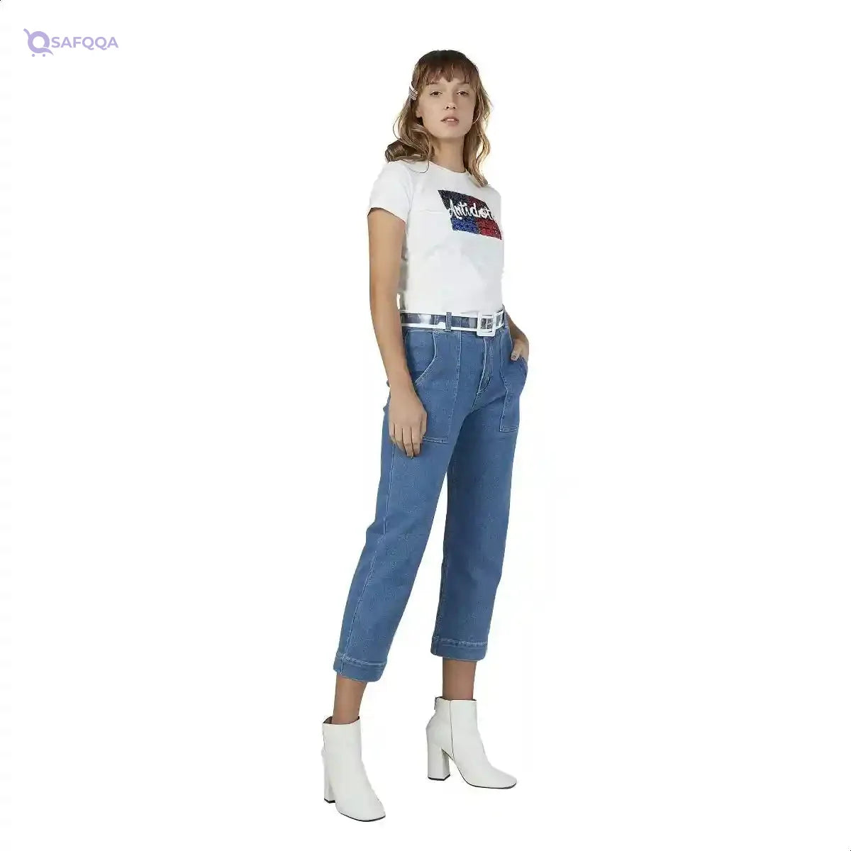 Splash Front Sequin Short Sleeves Crew Neck T-shirt for Women - Safqqa Egypt