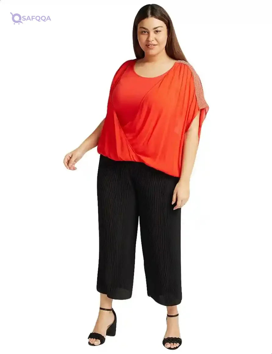 Splash Plain Embroidered Shoulders Short Sleeves V Neck Loose Blouses for Women - Safqqa Egypt
