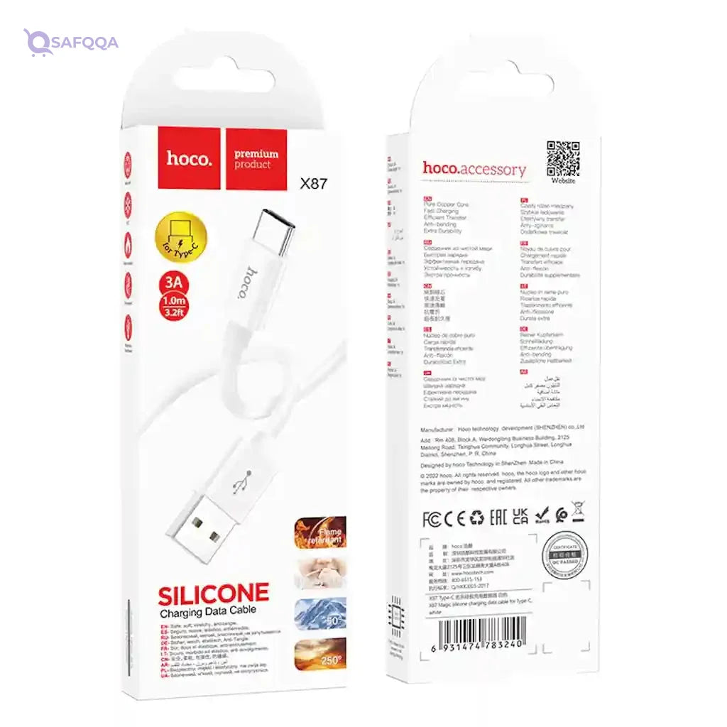 Hoco X87 - Magic Silicone Charging And Data Transmittion Cable (3A - 1M), USB-C Plug Compatible With Samsung Huawei Xiaomi Oppo - White - Safqqa