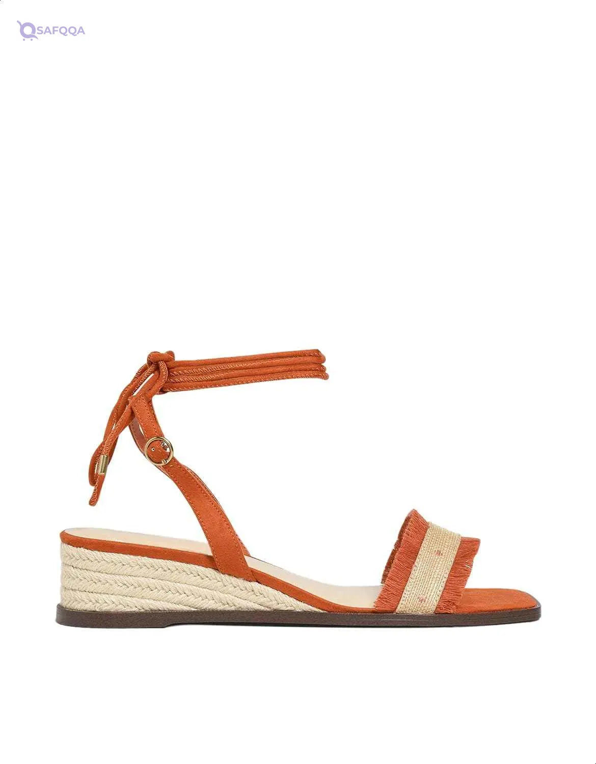 CHARLES & KEITH Fabric Ankle Wrap Contrast Fringe Raffia Detail Wedge Sandals for Women - Safqqa Egypt