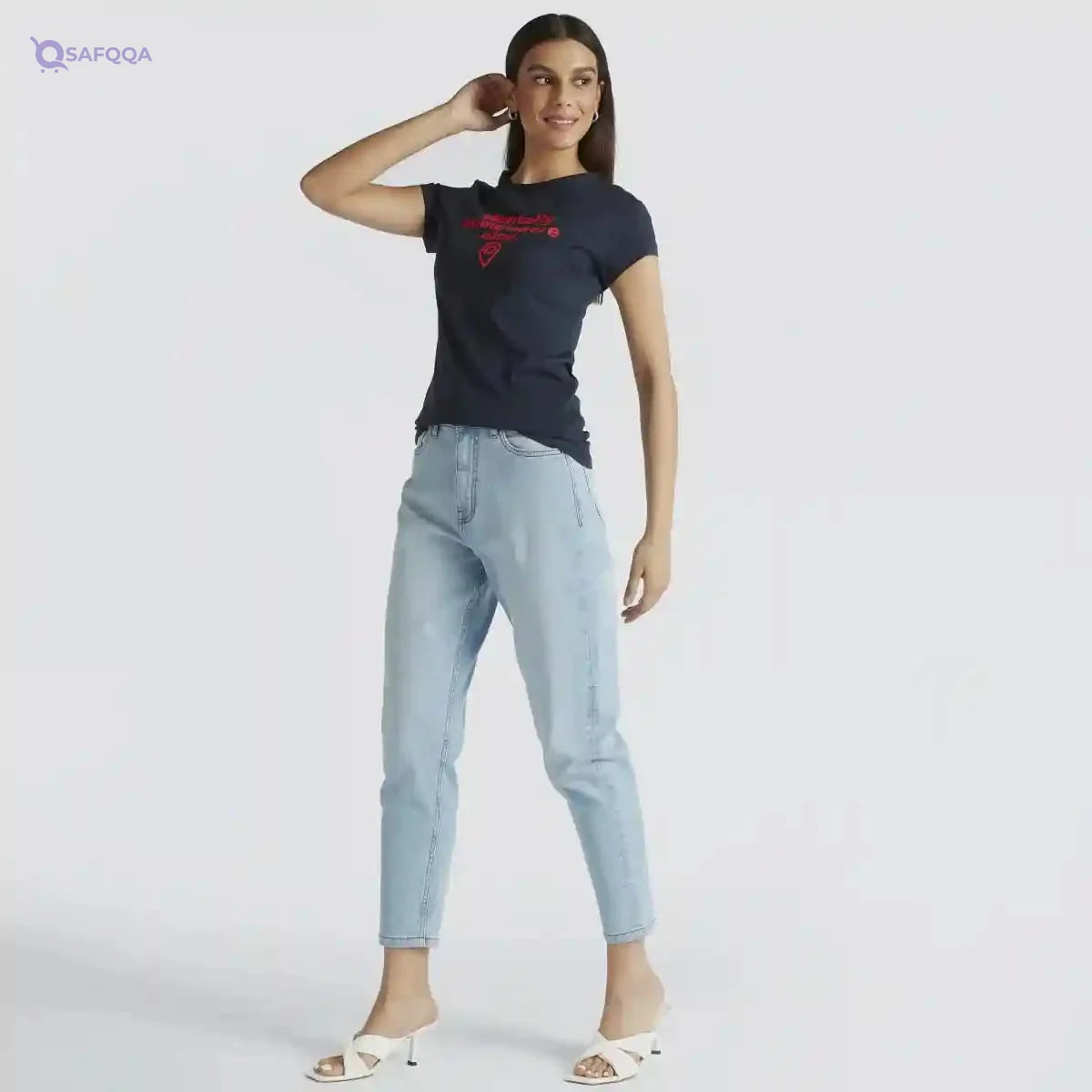 Typographic Print Crew Neck T-shirt with Cap Sleeves - Safqqa Egypt