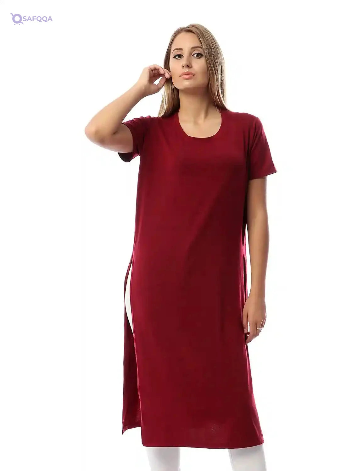 Jamila Women Plain Side Slits Short Sleeves Round Neck Longline Top - Safqqa Egypt