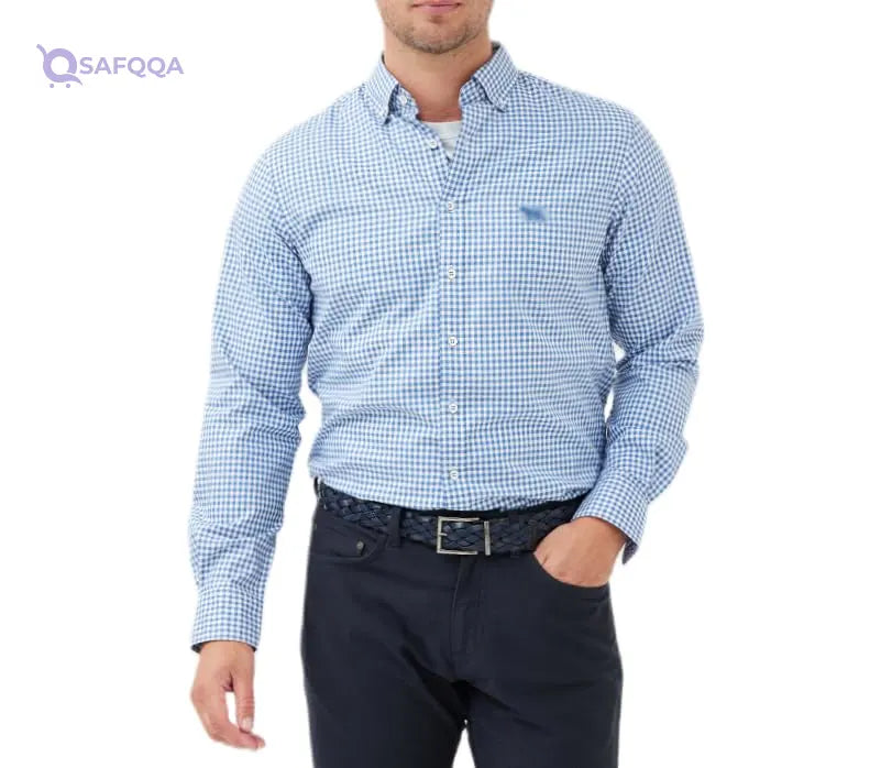 Mens Cotton Lightweight Long Sleeve Fit Button Down Collar Plaid Shirt-Baby Blue - Safqqa