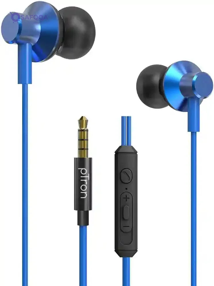 pTron (High Bass Earphones) in Ear Wired Earphones with Mic, 10mm Powerful Driver for Stereo Audio, Noise Cancelling Headset with 1.2m Tangle-Free Cable & 3.5mm Aux - (Blue) - Safqqa