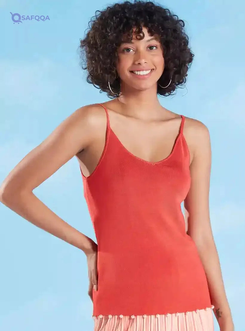 Textured Spaghetti Top with V-neck and Pearl Detail - Safqqa Egypt