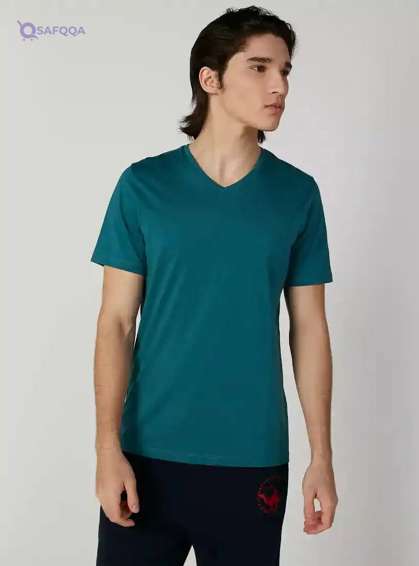 Plain T-shirt with V-neck and Short Sleeves - Safqqa Egypt