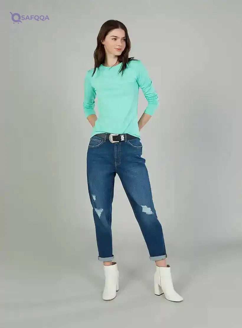 Solid T-shirt with Crew Neck and Long Sleeves - Safqqa Egypt