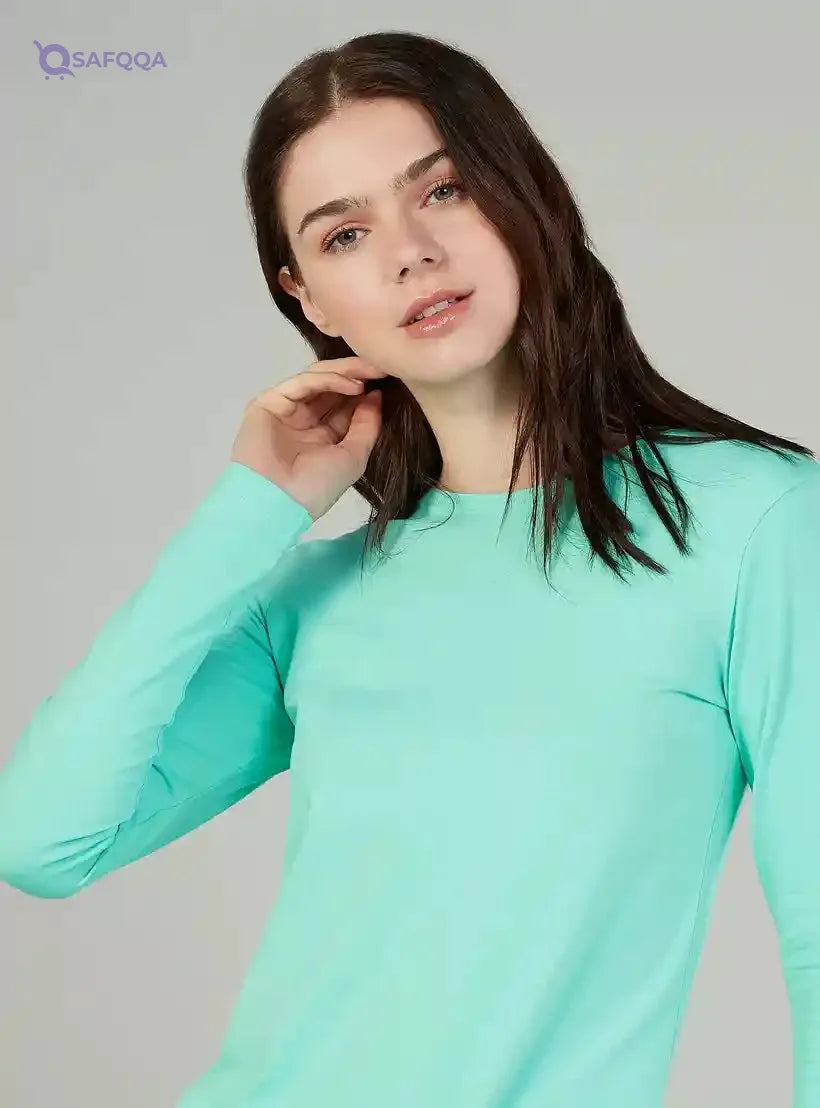 Solid T-shirt with Crew Neck and Long Sleeves - Safqqa Egypt