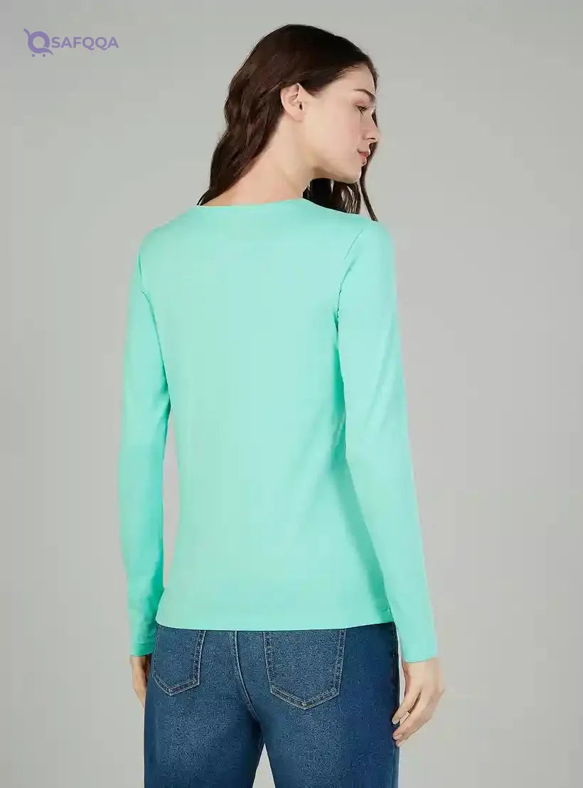 Solid T-shirt with Crew Neck and Long Sleeves - Safqqa Egypt