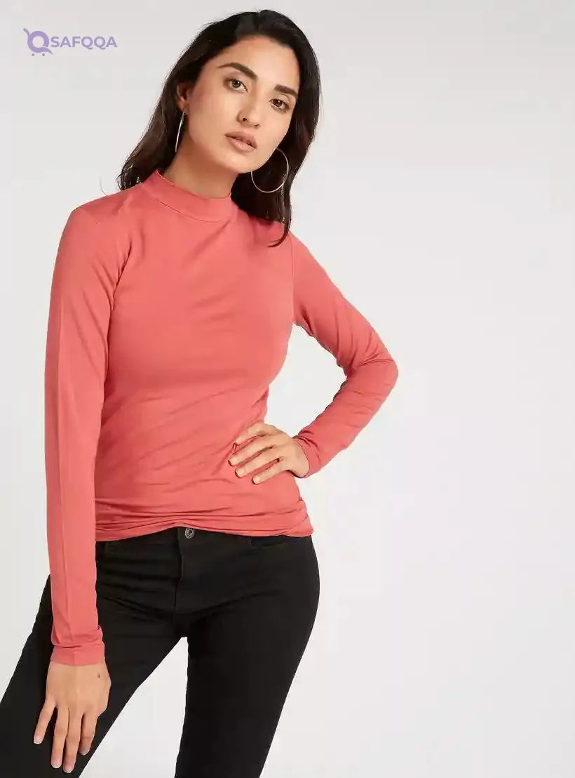 Solid High Neck T-shirt with Long Sleeves - Safqqa Egypt