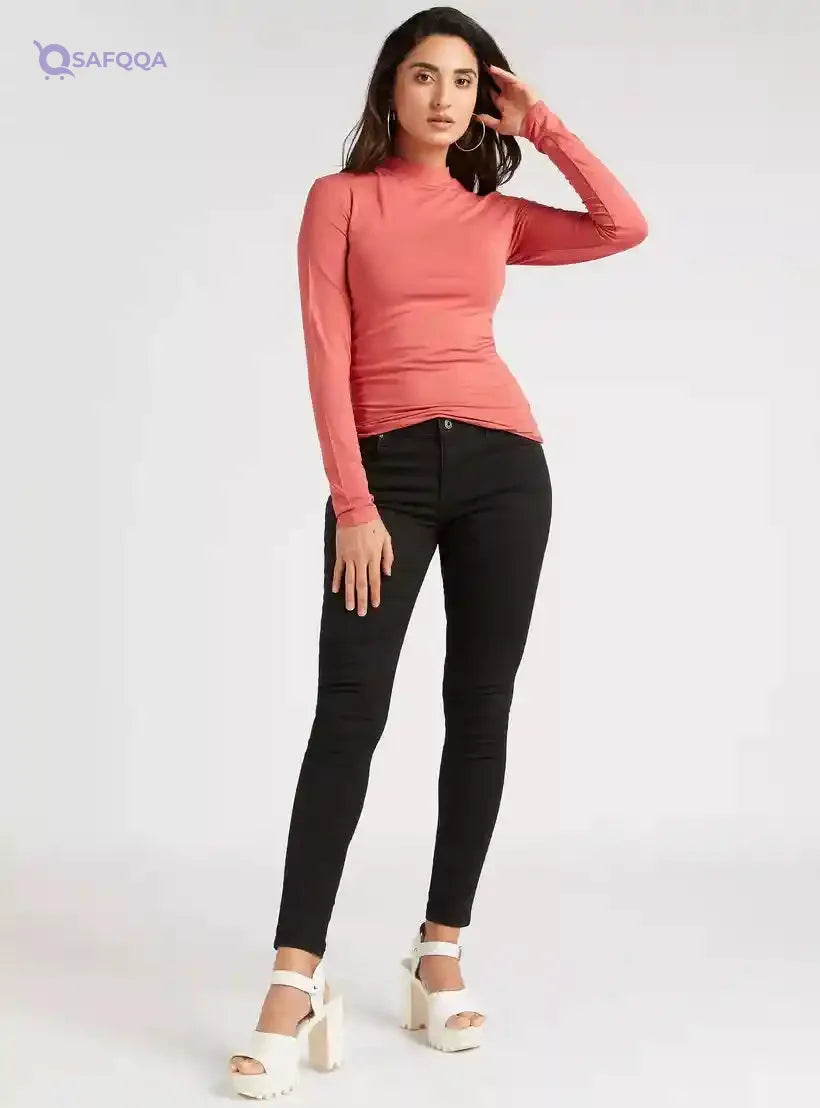 Solid High Neck T-shirt with Long Sleeves - Safqqa Egypt