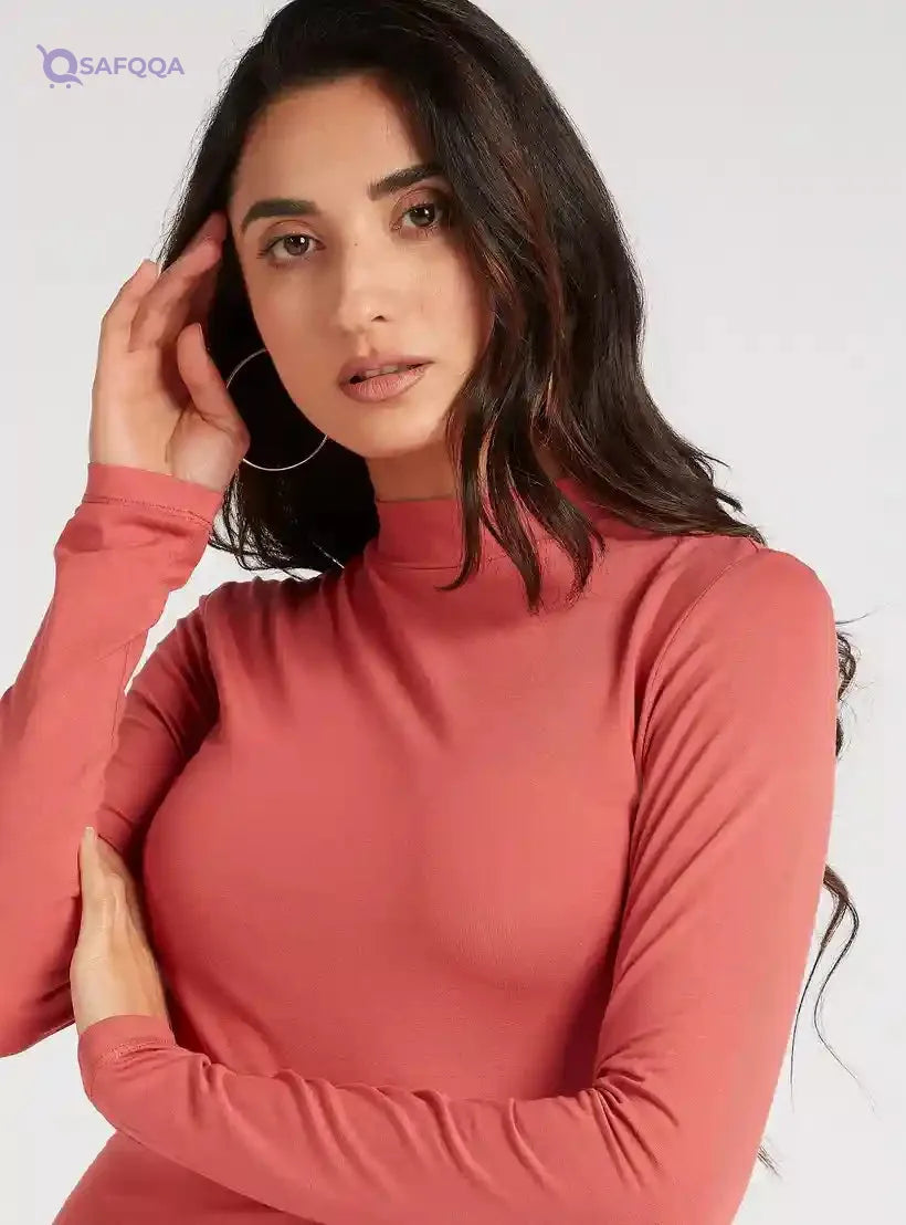 Solid High Neck T-shirt with Long Sleeves - Safqqa Egypt