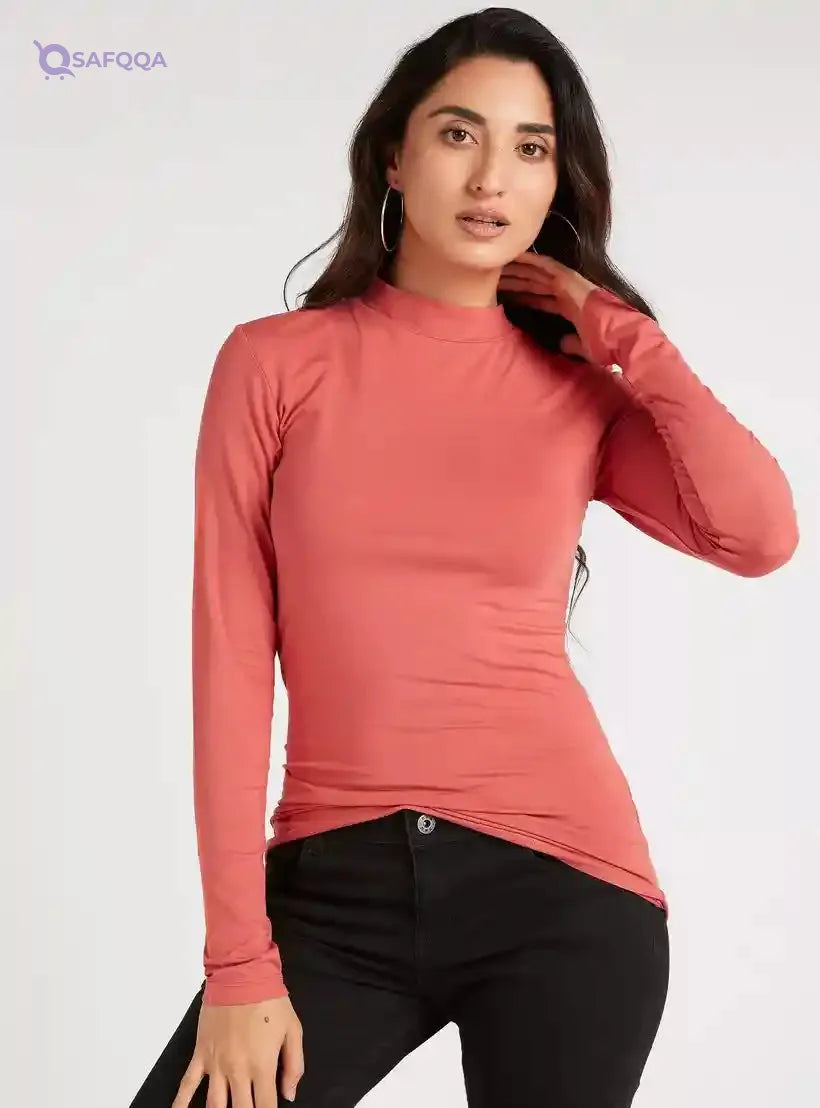 Solid High Neck T-shirt with Long Sleeves - Safqqa Egypt