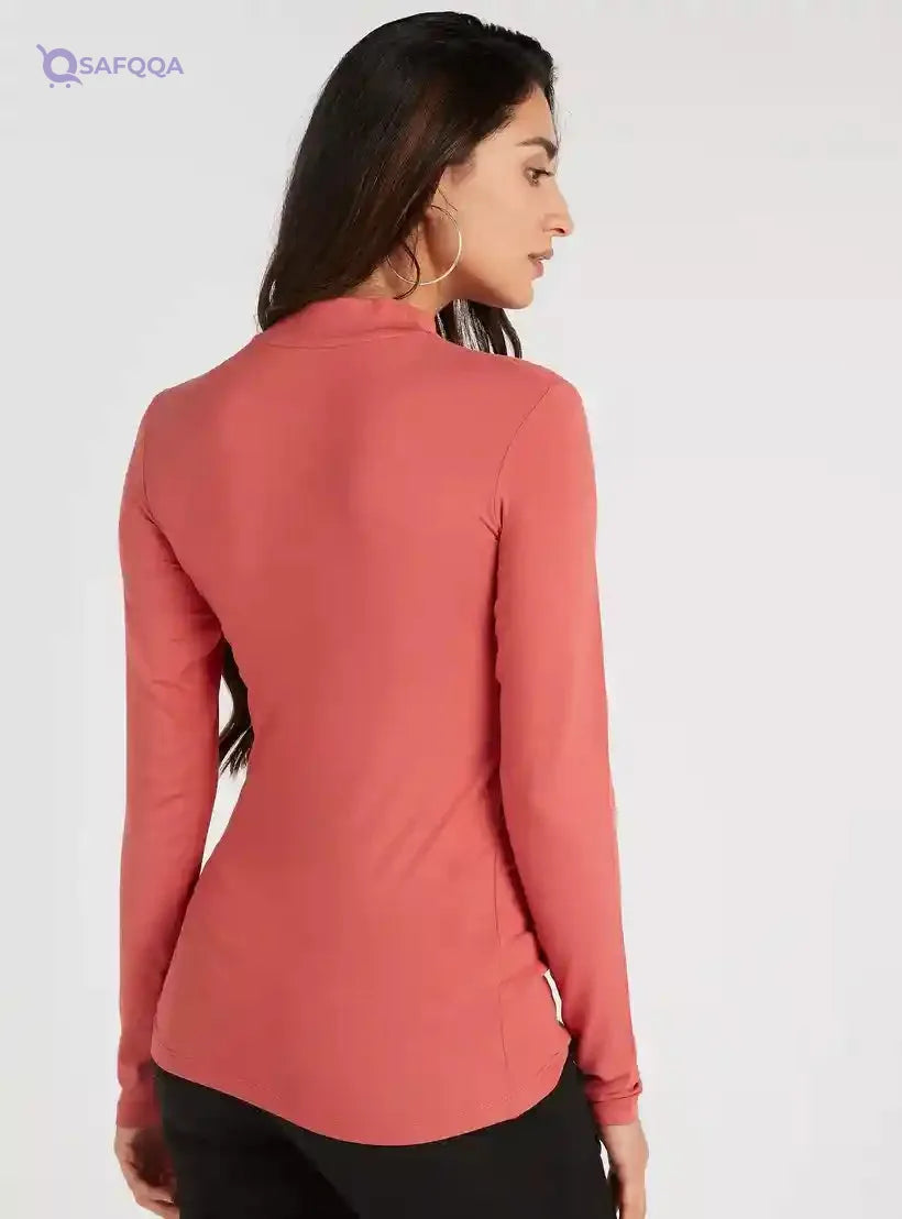 Solid High Neck T-shirt with Long Sleeves - Safqqa Egypt
