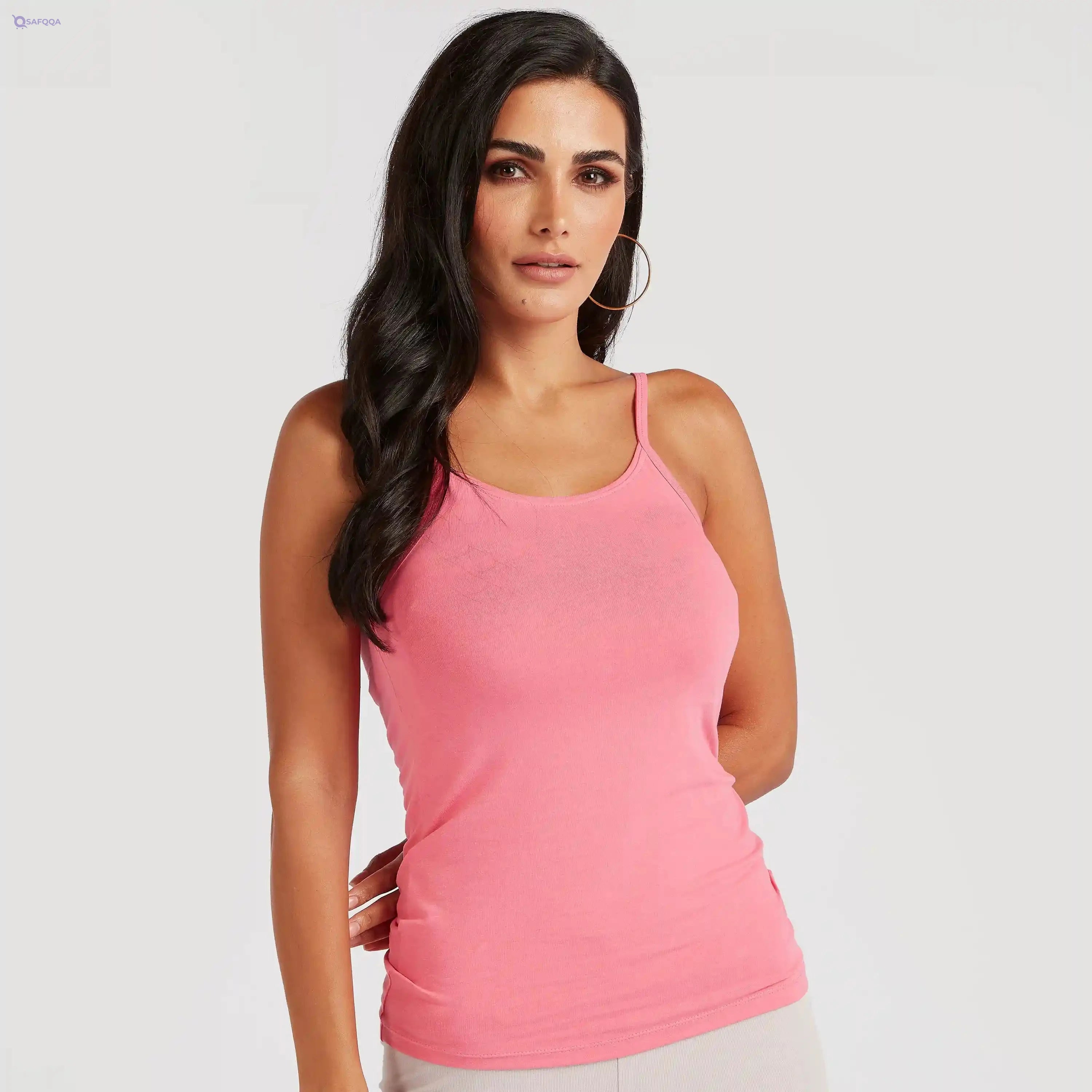 Solid Cami Top with Spaghetti Straps and Scoop Neck - Safqqa Egypt