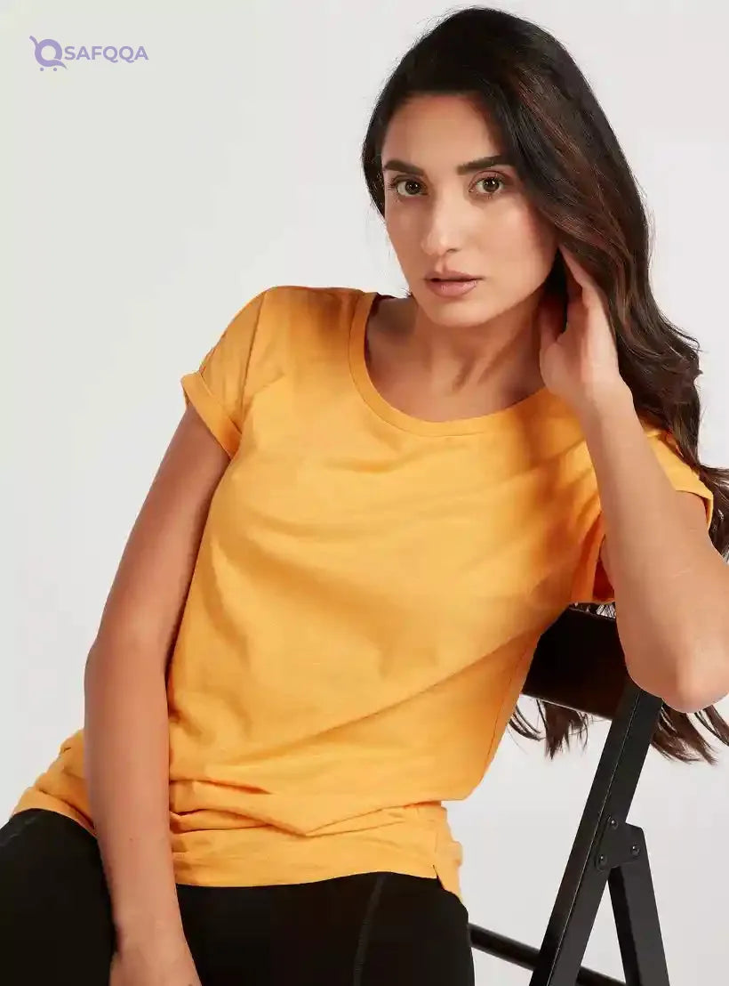 Solid Round Neck T-shirt with Cap Sleeves - Safqqa Egypt