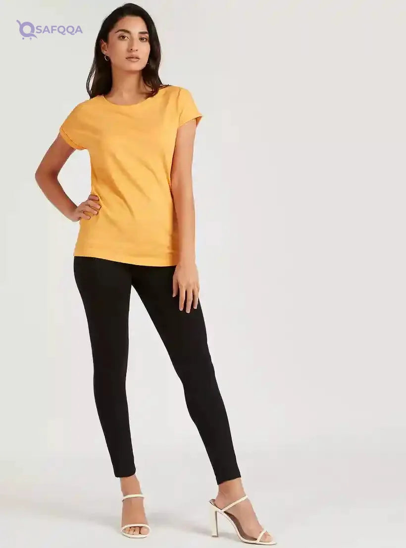 Solid Round Neck T-shirt with Cap Sleeves - Safqqa Egypt